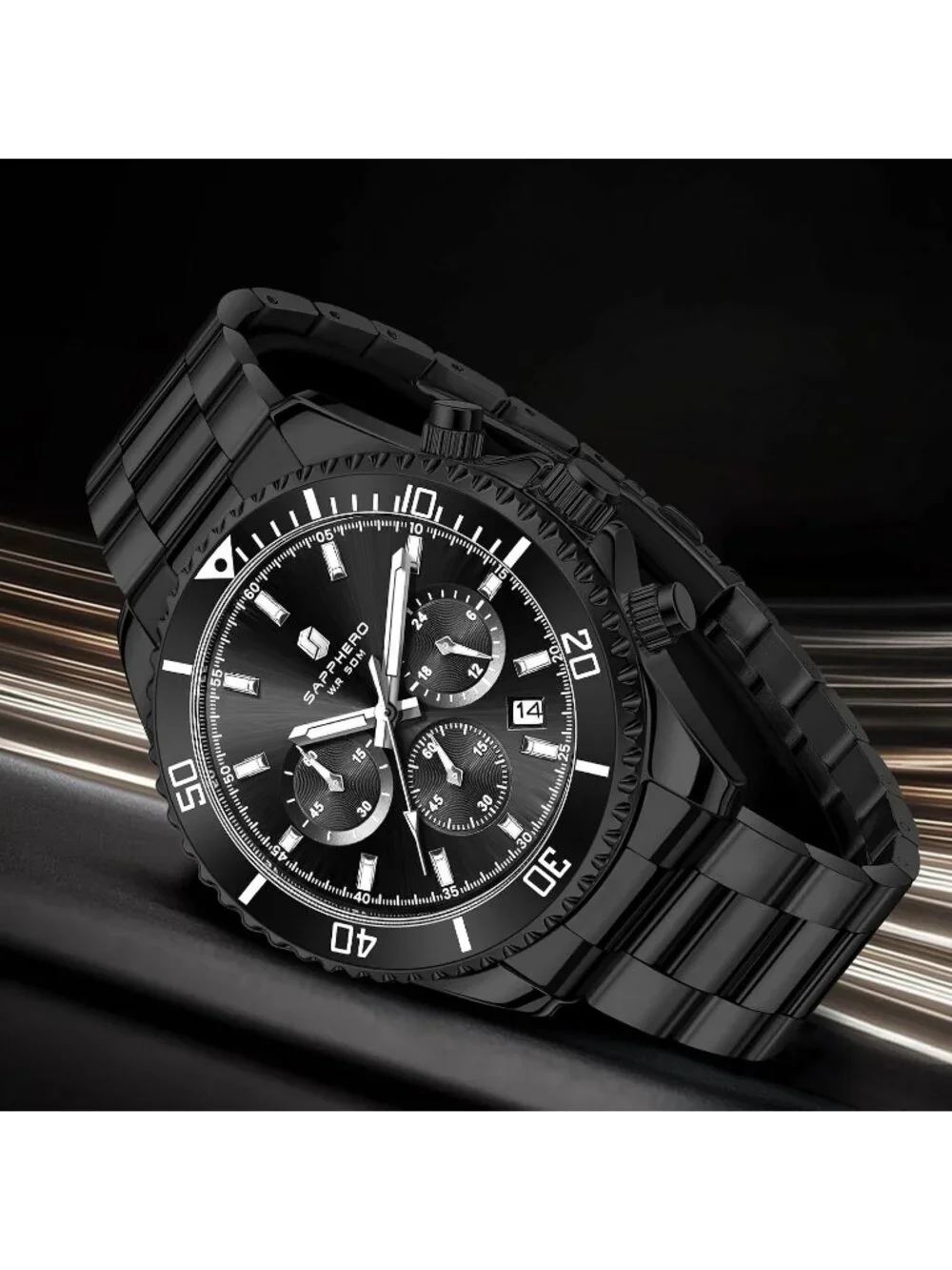 Men's Black Strap Black face Quartz Chronograph Stainless Steel Waterproof Watch